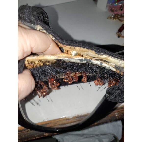 A Puppy Dog Pattern Satchel Purse Frilly Top Handle Beaded Quilted - Picture 11 of 15